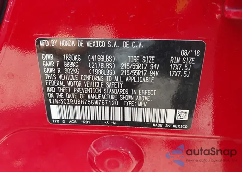 2016 Honda Hr-V Ex-L from USA, damaged, VIN 3CZRU6H75GM767120